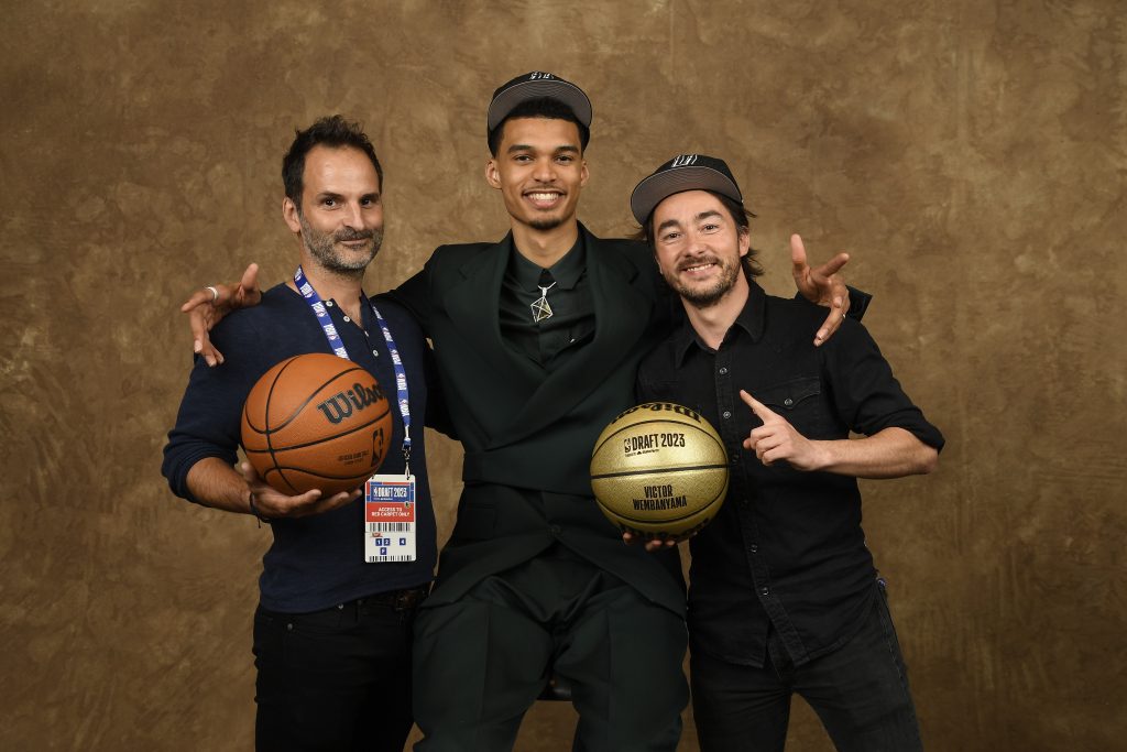 Draft NBA, New York, 2023 June the 22nd. Filming of the documentary film UN1QUE. From left to right, David Tiago Ribeiro, Victor Wembanyama, Marc Sauvourel